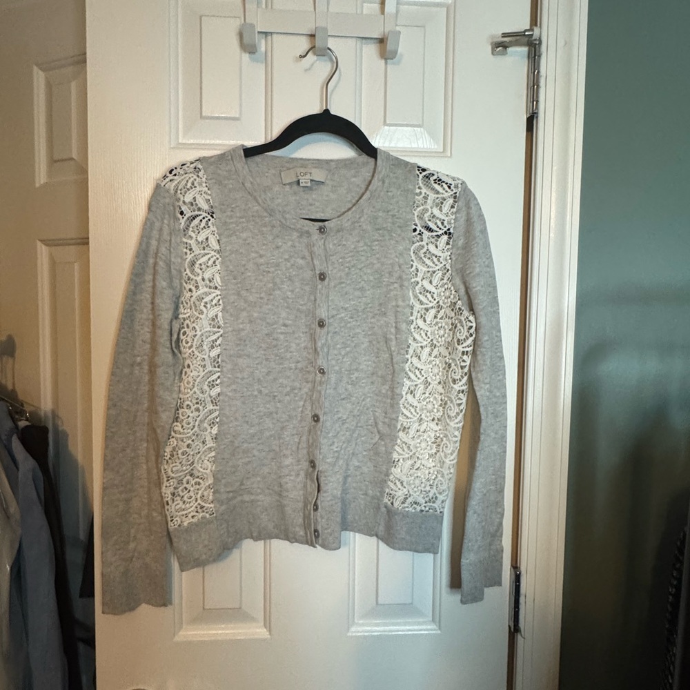 LOFT Gray Cardigan with Lace Accents